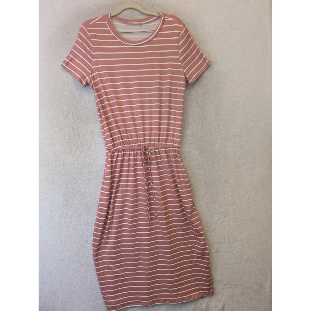 REB.‎ in J. Striped Midi Dress Women's Medium Pink White Drawstring Short Sleeve